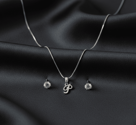 P' Initial Necklace and Cubic Zirconia Stud Earrings Set (Pack of 2) - Opal Touch