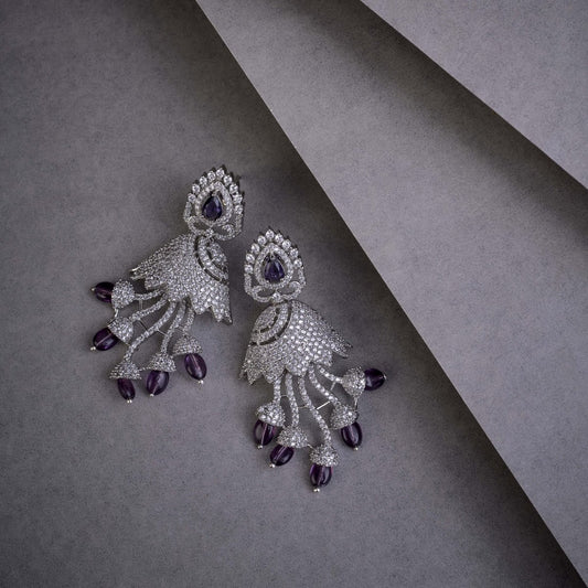 Peacock Design Rhodium Plated Dangle Earrings - Opal Touch