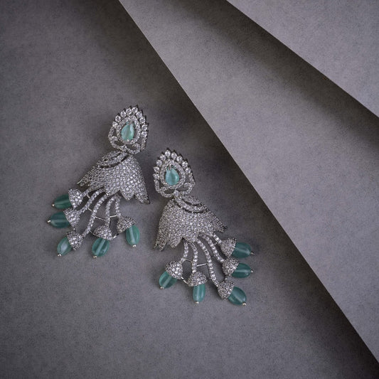 Peacock Design Rhodium Plated Dangle Earrings - Opal Touch