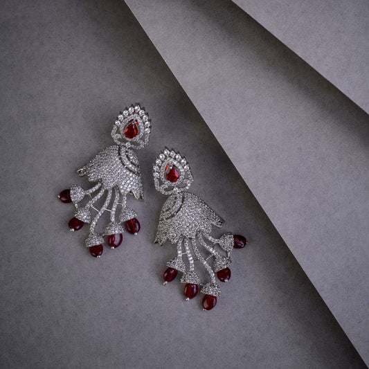 Peacock Design Rhodium Plated Dangle Earrings - Opal Touch