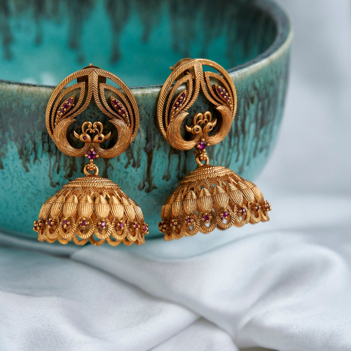 Jhumka - Peacock Style Matte Plated Jhumka - Opal Touch