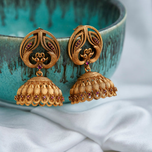 Jhumka - Peacock Style Matte Plated Jhumka - Opal Touch