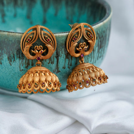 Jhumka - Peacock Style Matte Plated Jhumka - Opal Touch