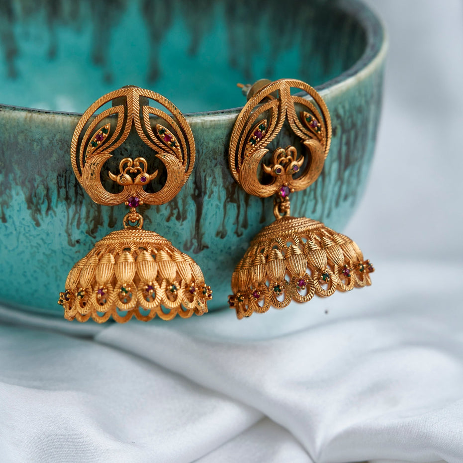 Jhumka - Peacock Style Matte Plated Jhumka - Opal Touch