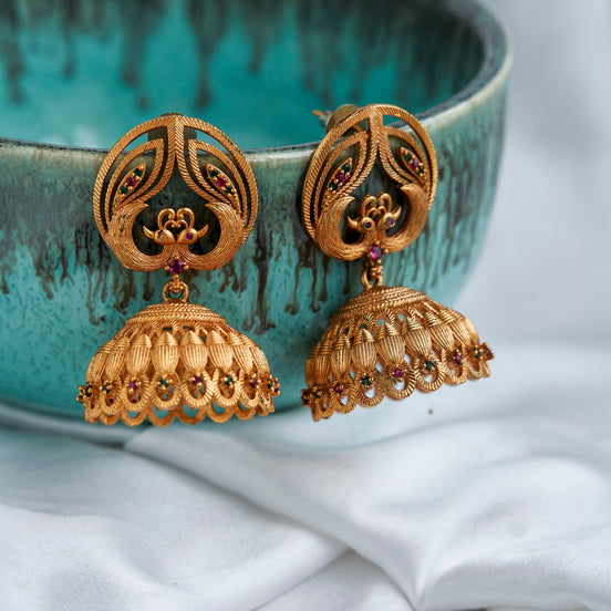Jhumka - Peacock Style Matte Plated Jhumka - Opal Touch