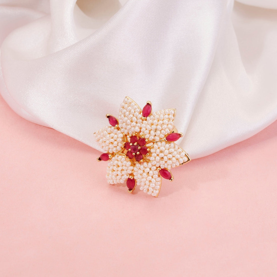 Ring - Pearl and Ruby Floral Ring - Opal Touch