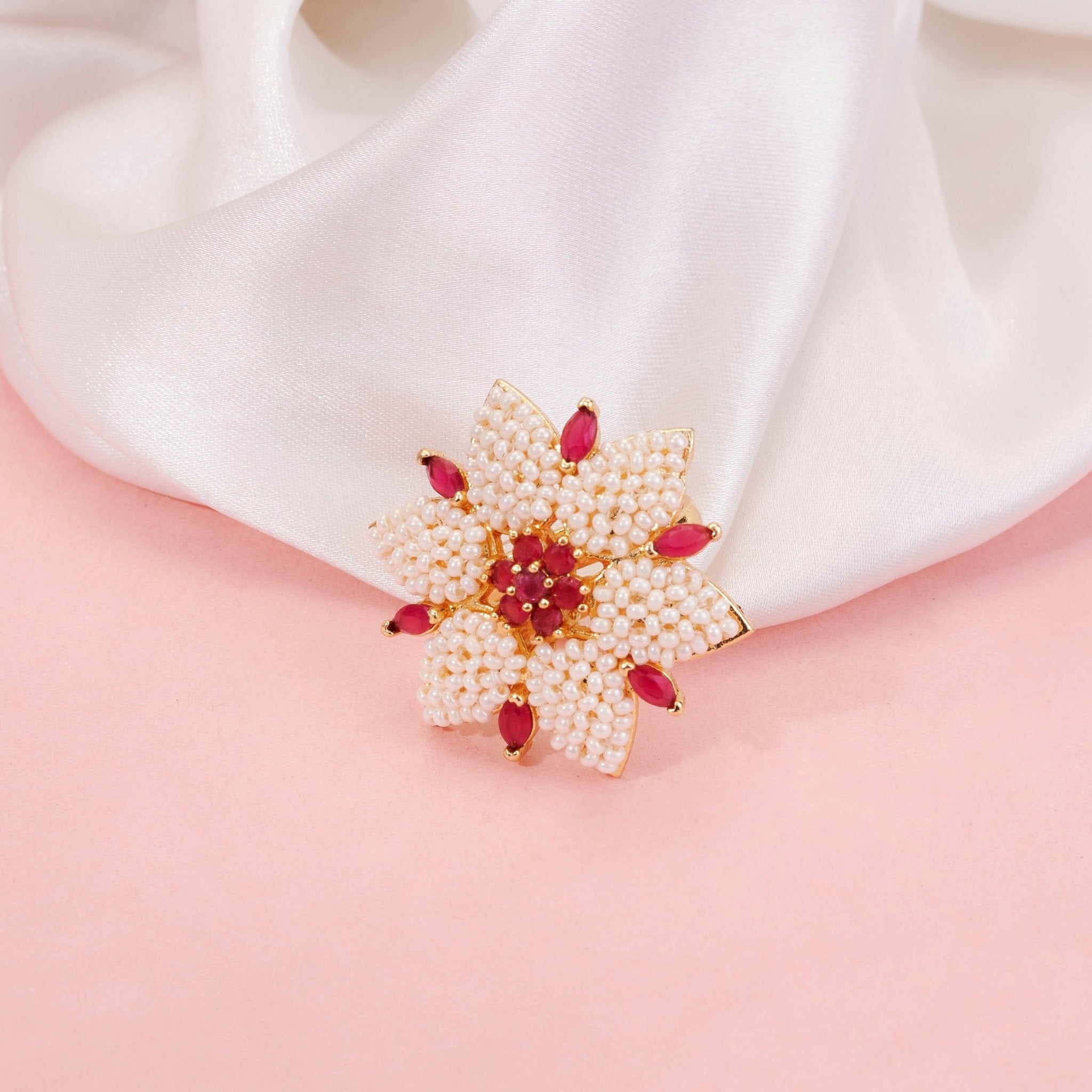 Ring - Pearl and Ruby Floral Ring - Opal Touch