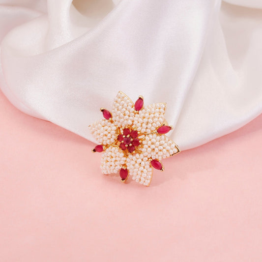 Ring - Pearl and Ruby Floral Ring - Opal Touch