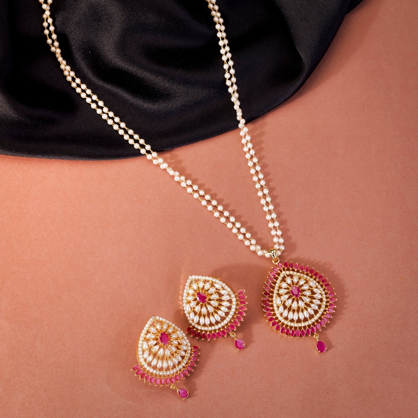 Necklace - Pearl and Ruby Pendant Set with Earrings - Opal Touch