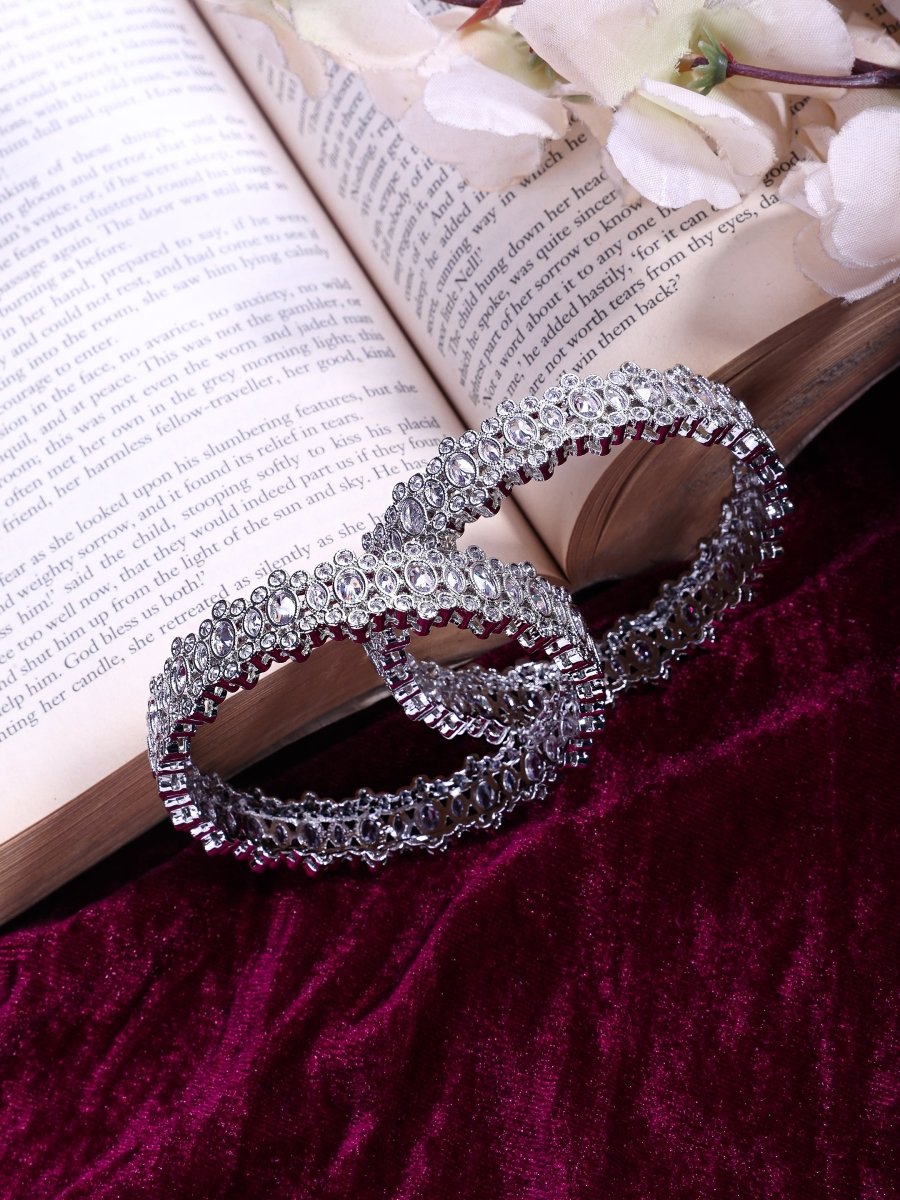 Premium AD CZ Stone Elegance Rhodium Plated Bangles Set (Pack of 2) - Opal Touch