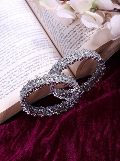 Premium AD CZ Stone Elegance Rhodium Plated Bangles Set (Pack of 2) - Opal Touch