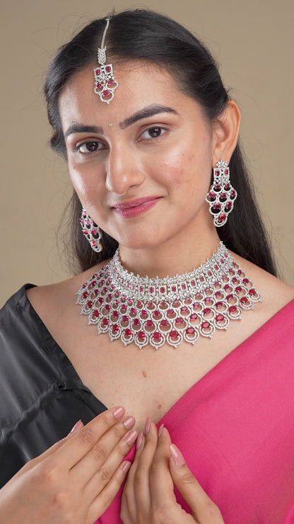 Bridal Cubic Zirconia Chocker Necklace Set With Tika