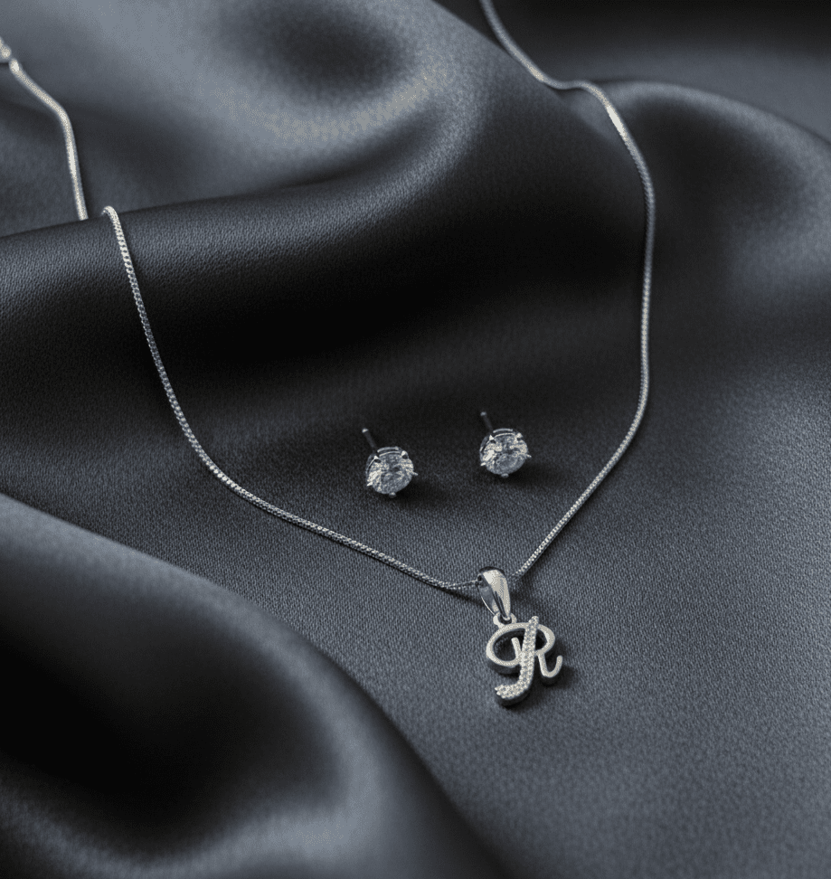 R' Initial Necklace and Cubic Zirconia Stud Earrings Set (Pack of 2) - Opal Touch