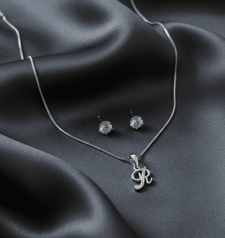 R' Initial Necklace and Cubic Zirconia Stud Earrings Set (Pack of 2) - Opal Touch