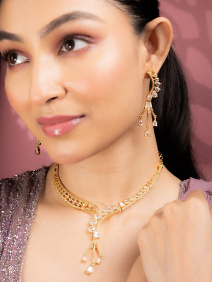 Necklace - Radiant Gold - Plated Necklace Set with Sparkling Teardrop - Opal Touch