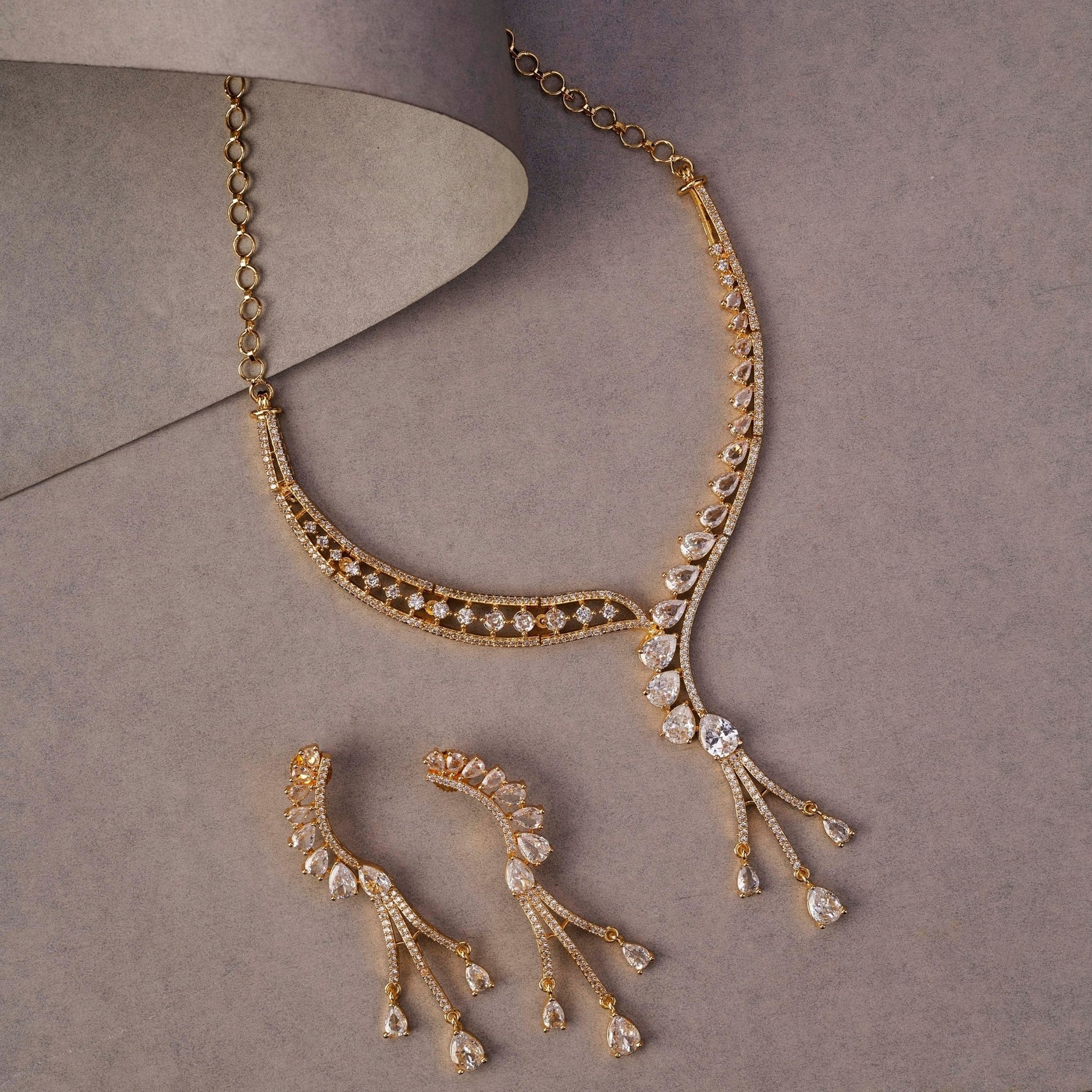 Necklace - Radiant Gold - Plated Necklace Set with Sparkling Teardrop - Opal Touch