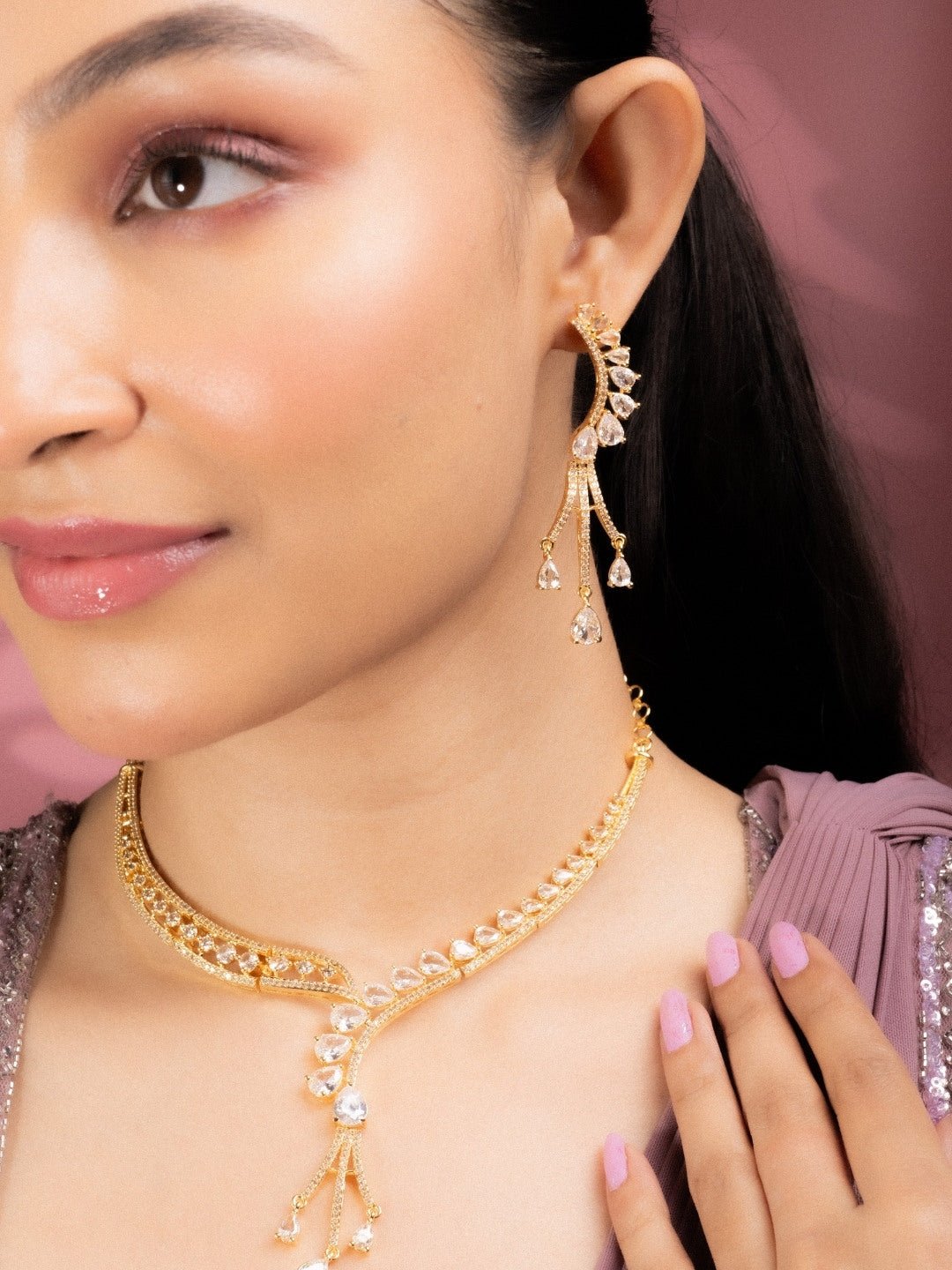 Necklace - Radiant Gold - Plated Necklace Set with Sparkling Teardrop - Opal Touch