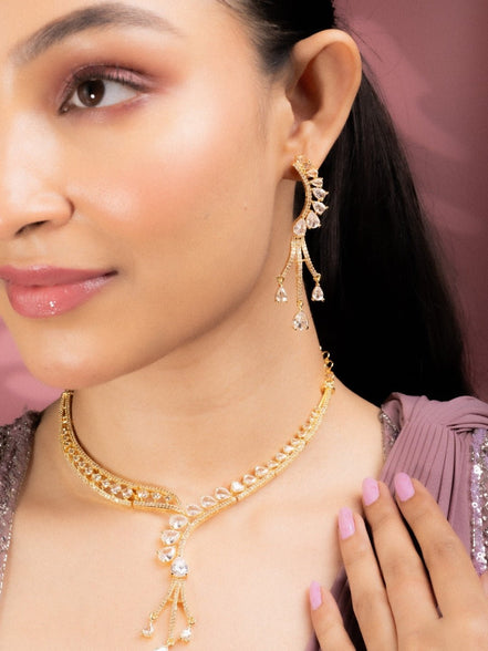 Necklace - Radiant Gold - Plated Necklace Set with Sparkling Teardrop - Opal Touch