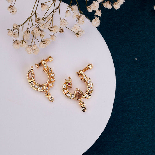 Nose Pin - Radiant Peacock Shaped Combo Gold Plated Nose Pins - Opal Touch