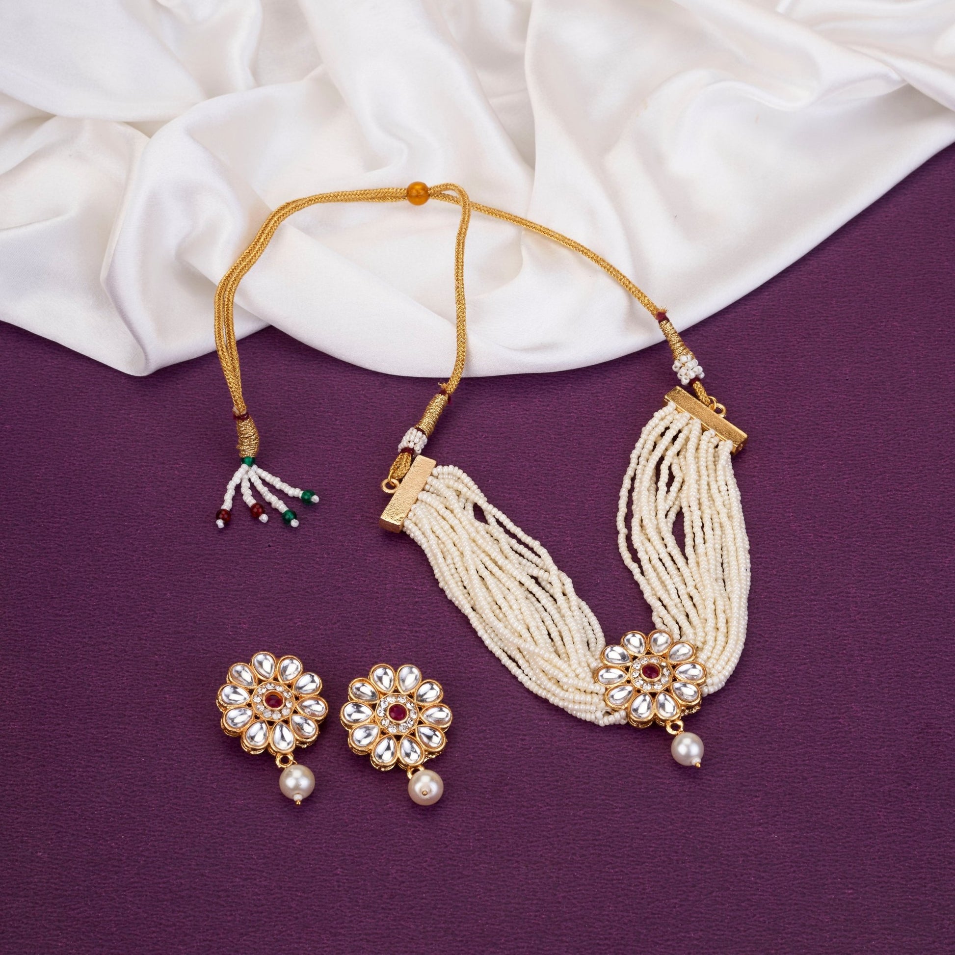 Necklace - Rajwada Pushp Gold Plated Necklace Set - Opal Touch