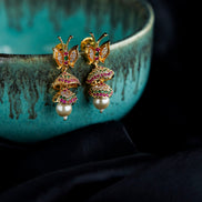 Jhumka - Red - Green Butterfly Gold Plated Jhumka - Opal Touch