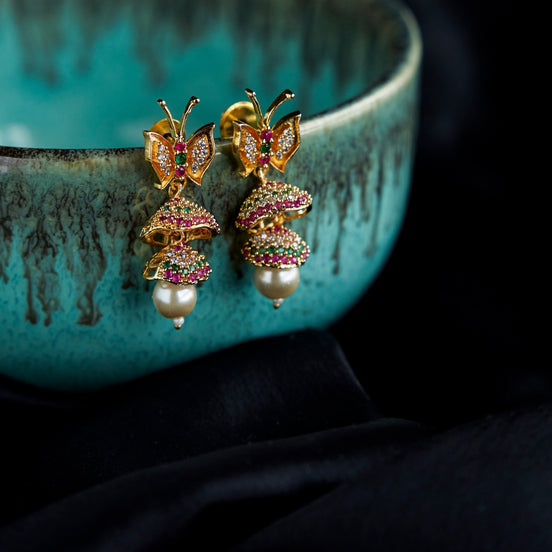Jhumka - Red - Green Butterfly Gold Plated Jhumka - Opal Touch