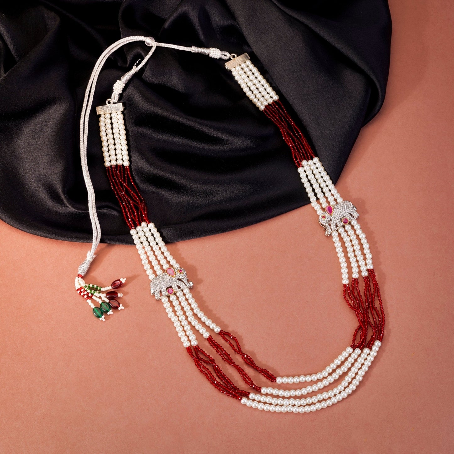 Necklace - Regal Elephant Motif Pearl & Red Beaded Necklace - Opal Touch