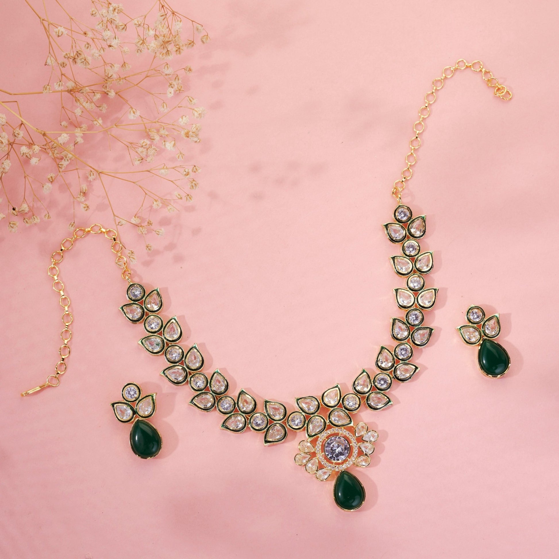 Necklace - Regal Emerald & Diamond Blossom Necklace Set - Opal Touch