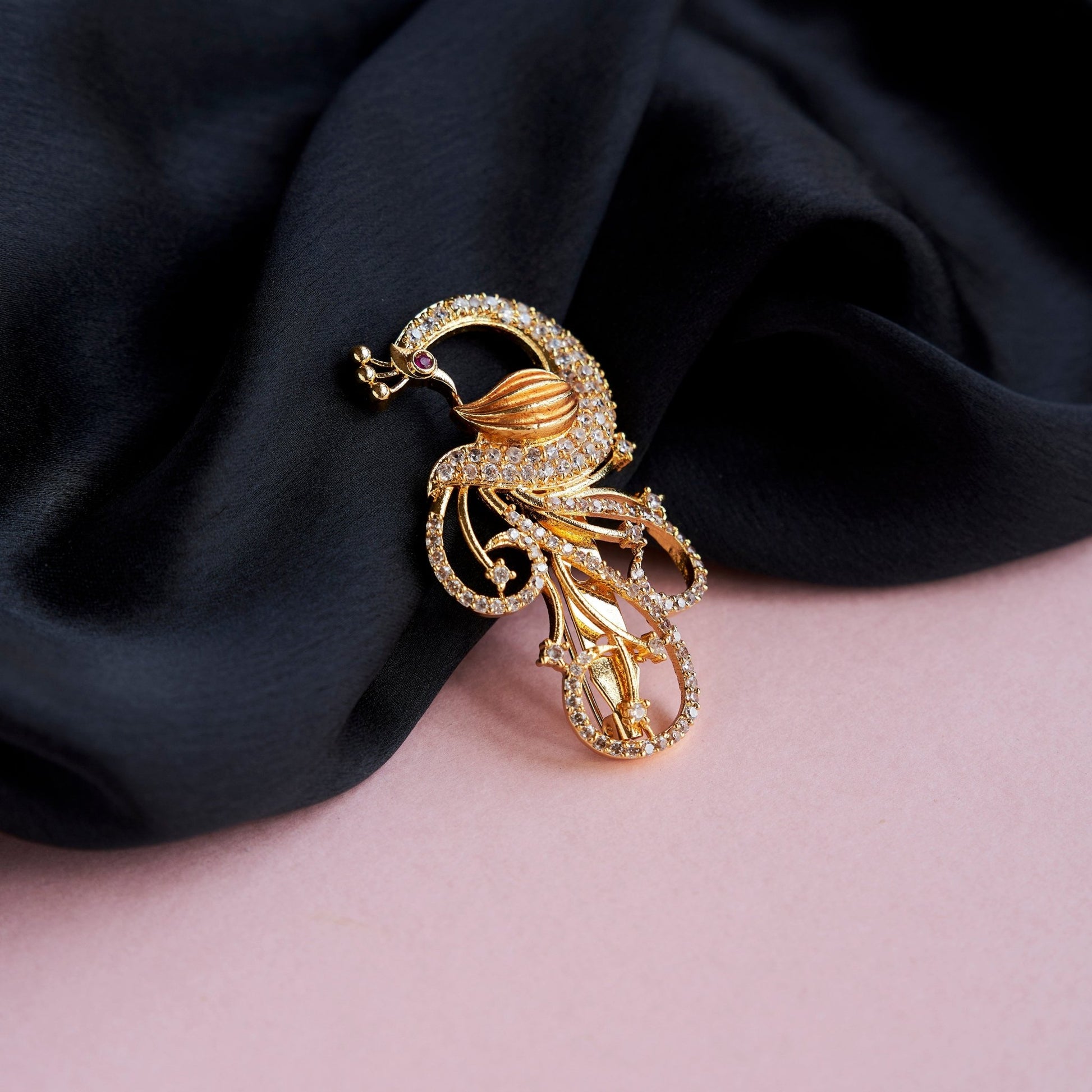 Saree Pin - Rhinestone Crystal Golden White Saree Pin - Opal Touch