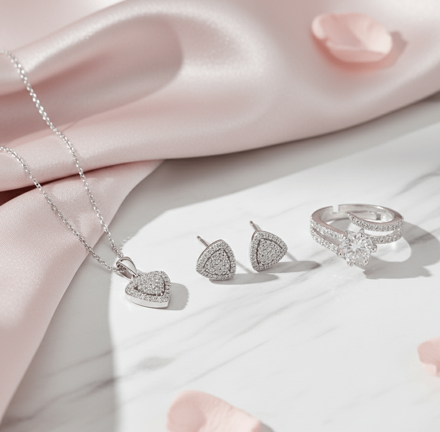 Rhodium Plated AD Jewelry Set - Triangle Pendant, Ring & Studs - Opal Touch