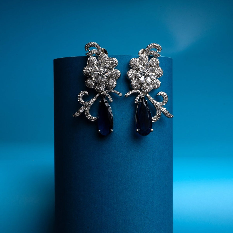 Rhodium - Plated AD Studded Teardrop Drop Earrings - Opal Touch
