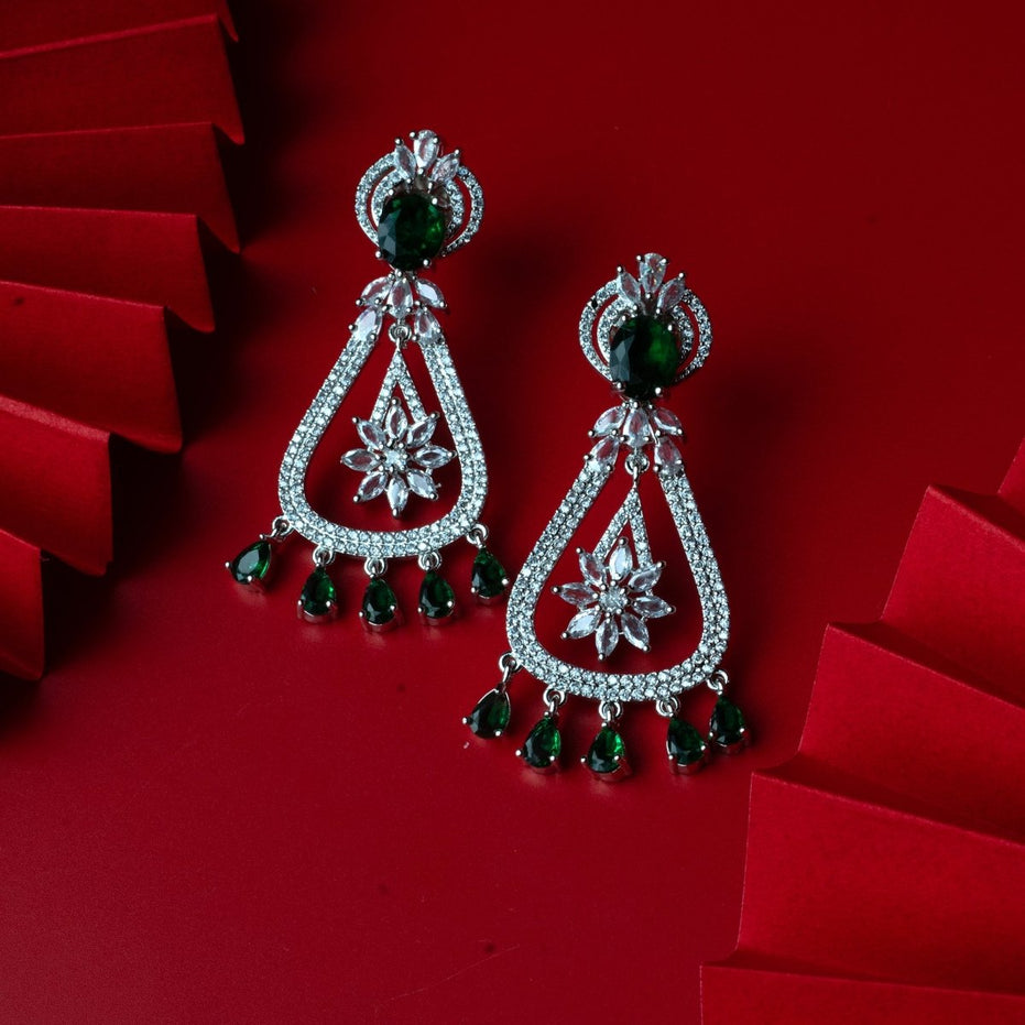 Rhodium - Plated American Diamond Drop Earrings - Opal Touch
