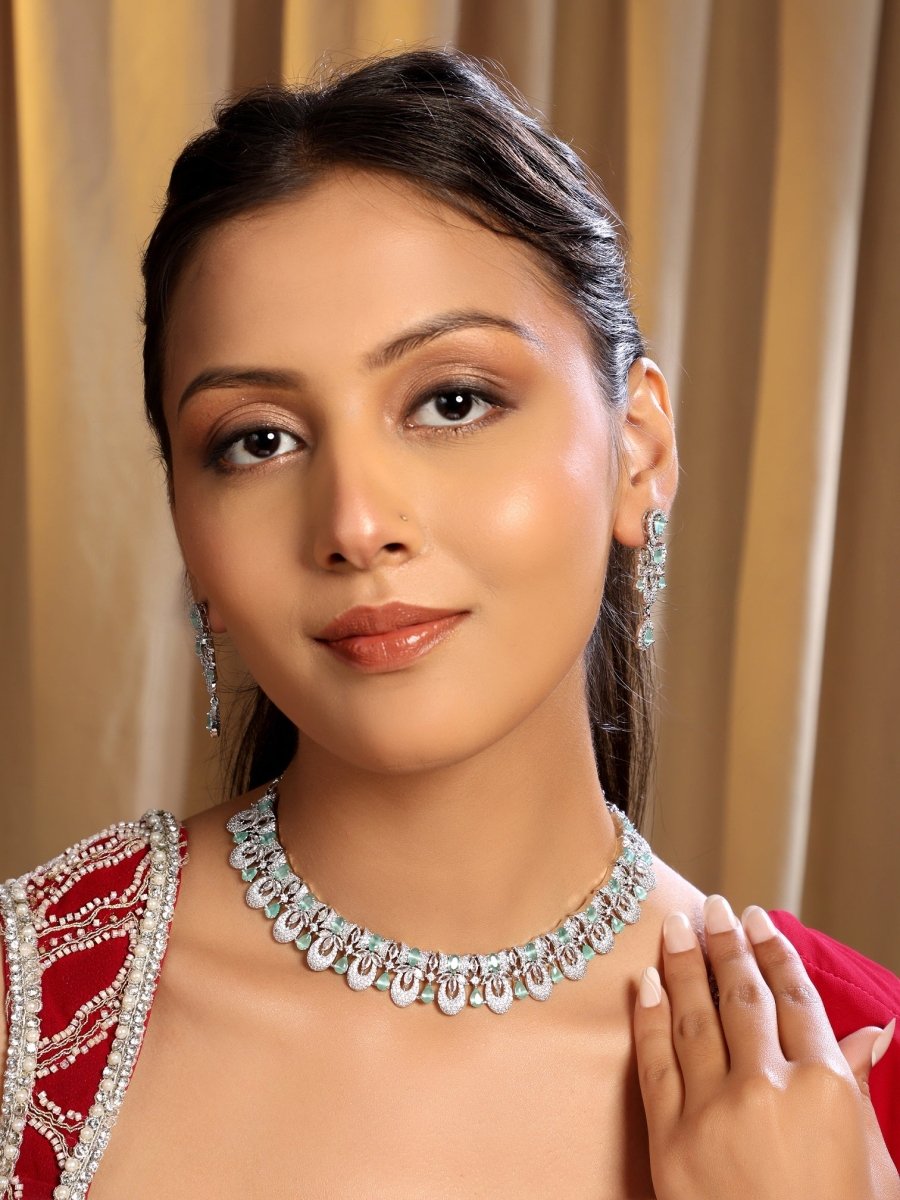 Rhodium - Plated American Diamond Necklace Earrings Jewellery Set - Opal Touch