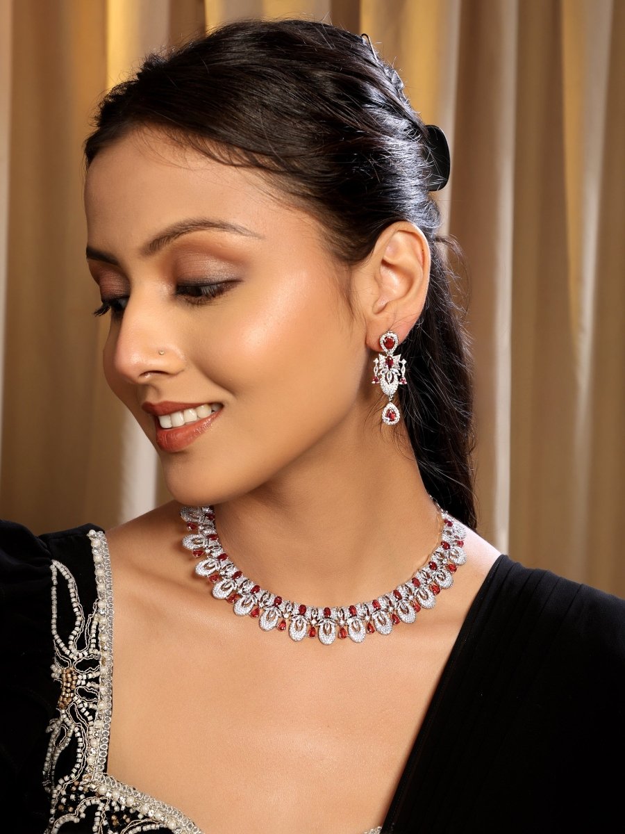 Rhodium - Plated American Diamond Necklace Earrings Jewellery Set - Opal Touch