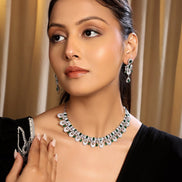 Rhodium - Plated American Diamond Necklace Earrings Jewellery Set - Opal Touch