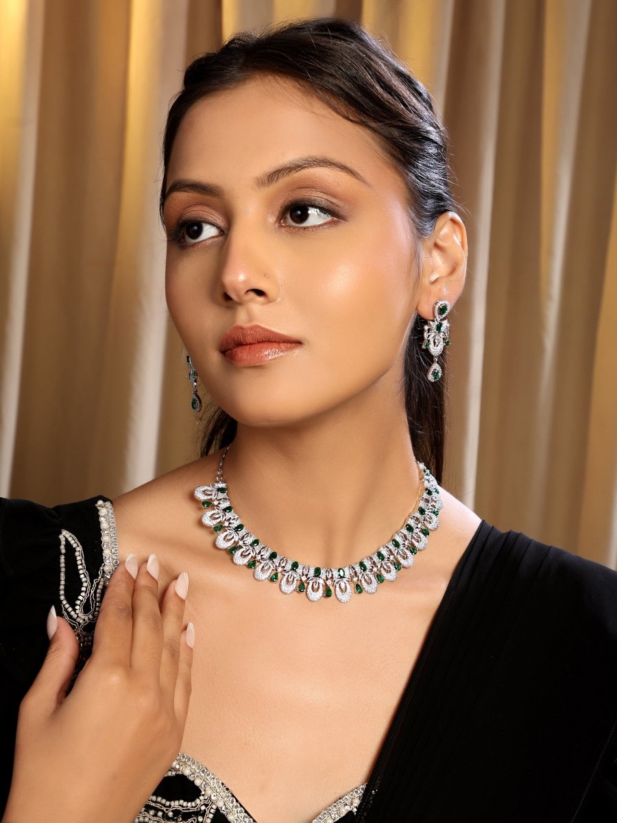 Rhodium - Plated American Diamond Necklace Earrings Jewellery Set - Opal Touch