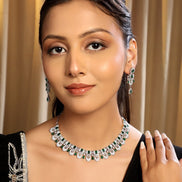 Rhodium - Plated American Diamond Necklace Earrings Jewellery Set - Opal Touch