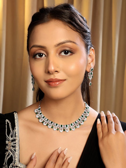 Rhodium - Plated American Diamond Necklace Earrings Jewellery Set - Opal Touch