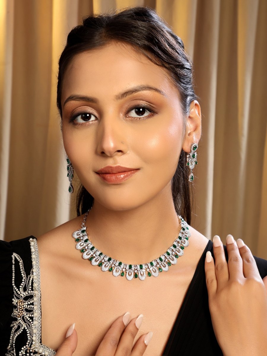 Rhodium - Plated American Diamond Necklace Earrings Jewellery Set - Opal Touch