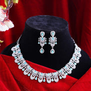 Rhodium - Plated American Diamond Necklace Earrings Jewellery Set - Opal Touch