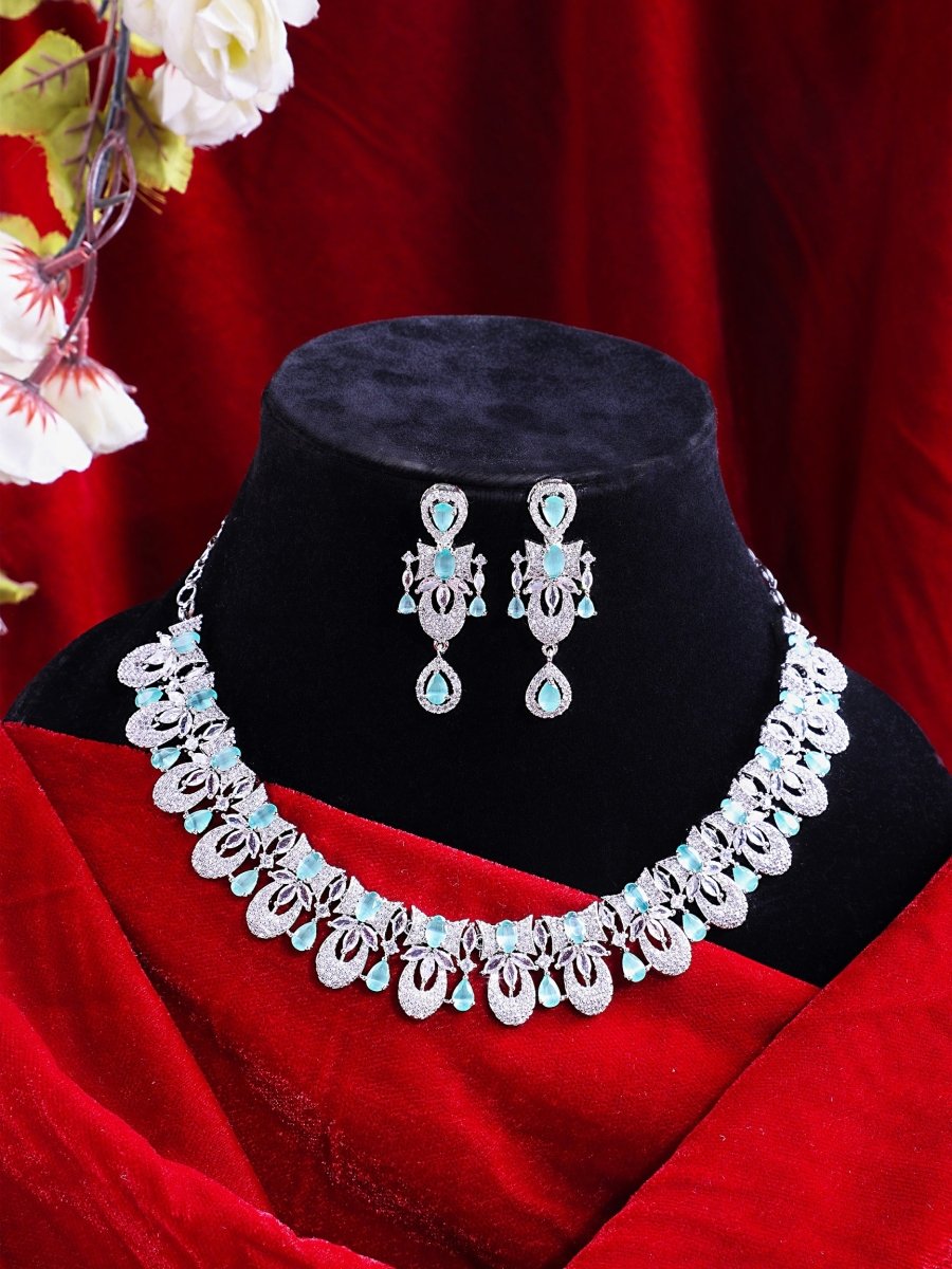 Rhodium - Plated American Diamond Necklace Earrings Jewellery Set - Opal Touch