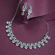 Rhodium - Plated American Diamond Necklace Earrings Jewellery Set - Opal Touch