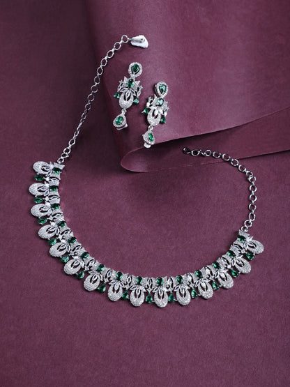 Rhodium - Plated American Diamond Necklace Earrings Jewellery Set - Opal Touch