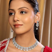 Rhodium - Plated American Diamond Necklace Earrings Jewellery Set - Opal Touch