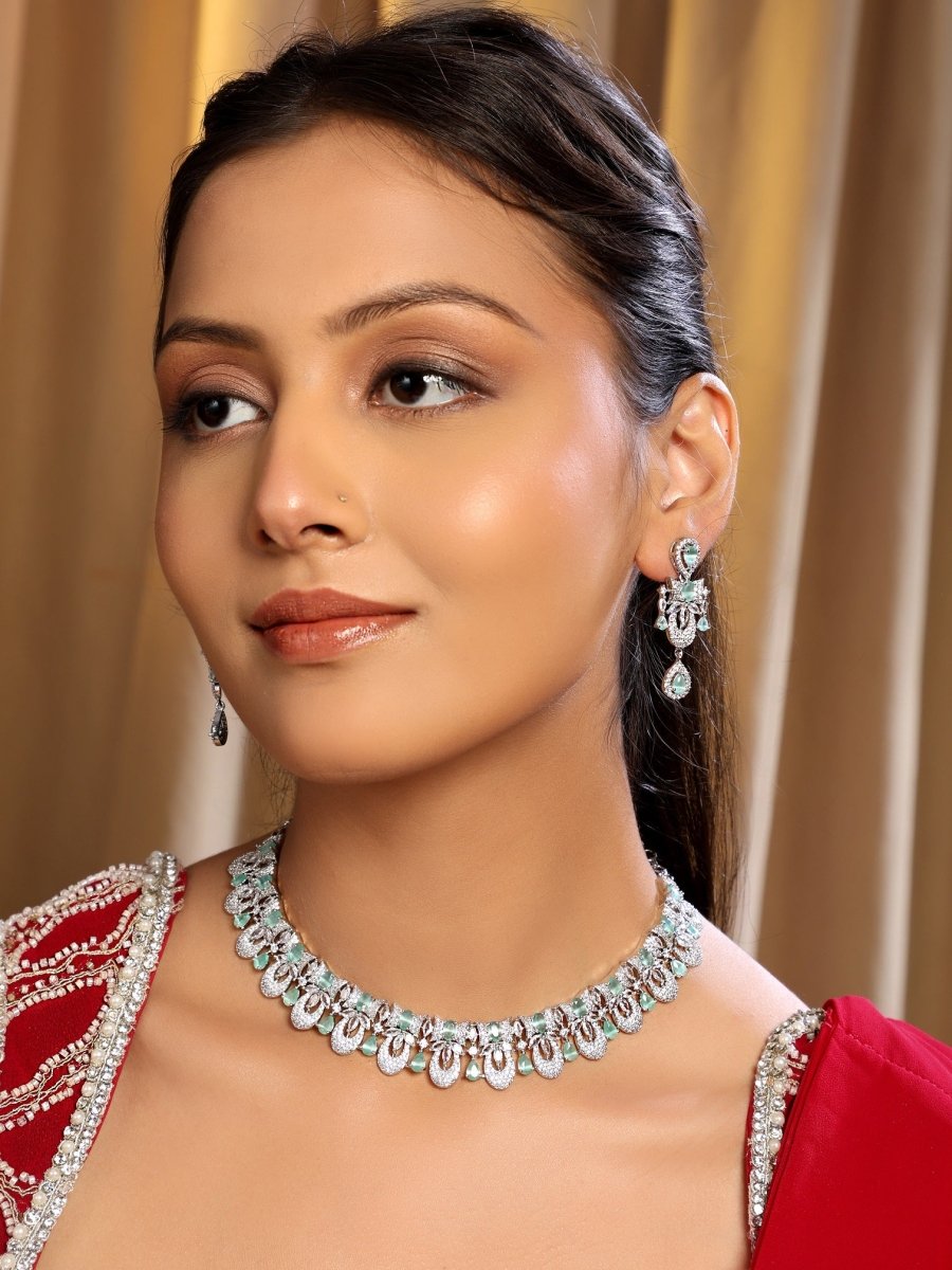 Rhodium - Plated American Diamond Necklace Earrings Jewellery Set - Opal Touch