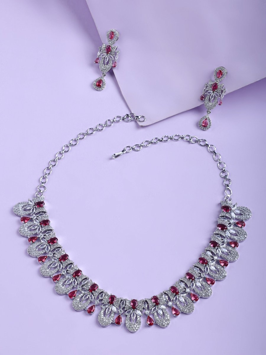 Rhodium - Plated American Diamond Necklace Earrings Jewellery Set - Opal Touch