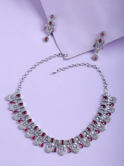 Rhodium - Plated American Diamond Necklace Earrings Jewellery Set - Opal Touch