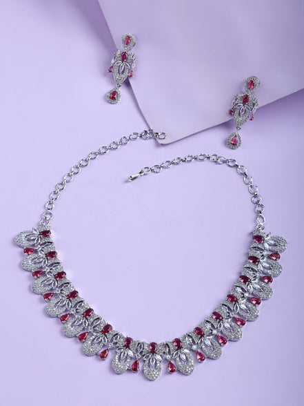 Rhodium - Plated American Diamond Necklace Earrings Jewellery Set - Opal Touch