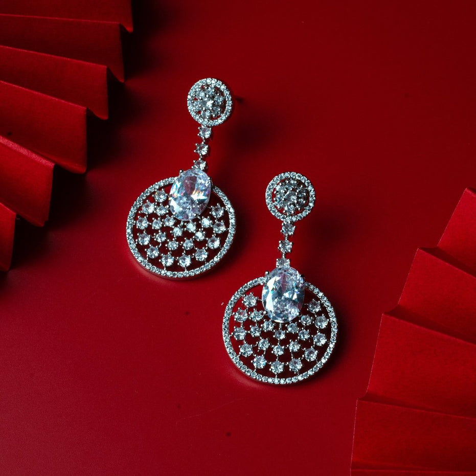 Rhodium Plated American Diamond Stones Dangler Earrings - Opal Touch