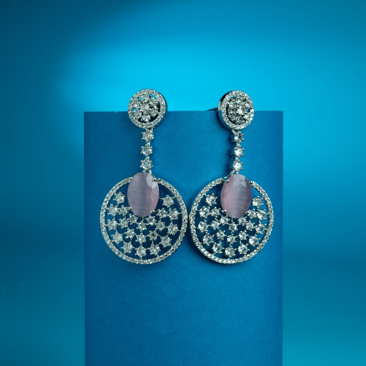 Rhodium Plated American Diamond Stones Dangler Earrings - Opal Touch